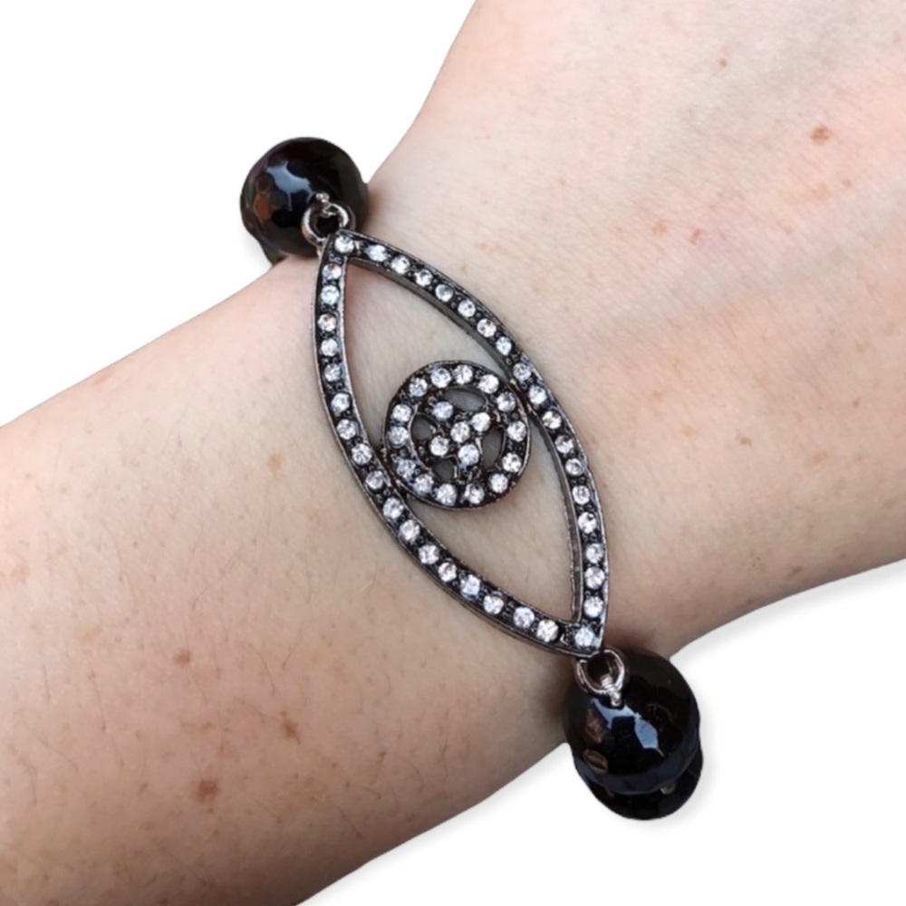 Black agate Evil Eye Peace Sign Beaded stretch Bracelet